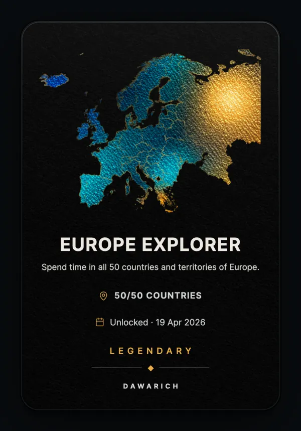 Europe Explorer card: a gold and blue foil map of Europe, 50/50 countries, unlocked, Legendary
