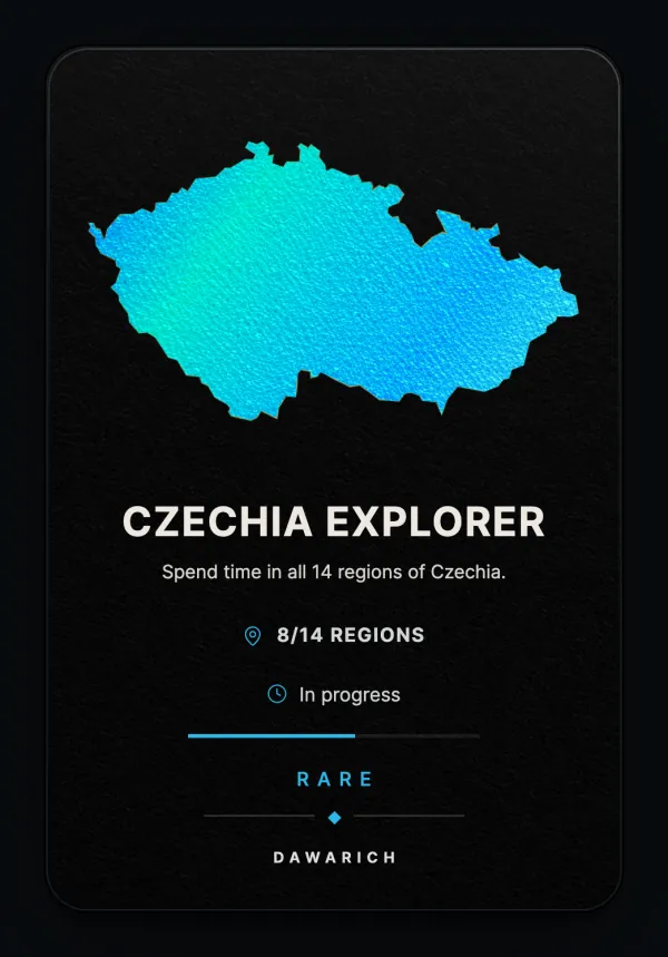Czechia Explorer card: a blue foil map of Czechia, 8/14 regions, in progress with a progress bar, Rare