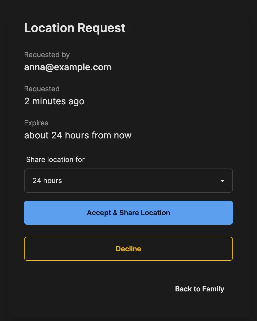 A location request: who asked, when it expires, a duration picker and Accept & Share Location or Decline