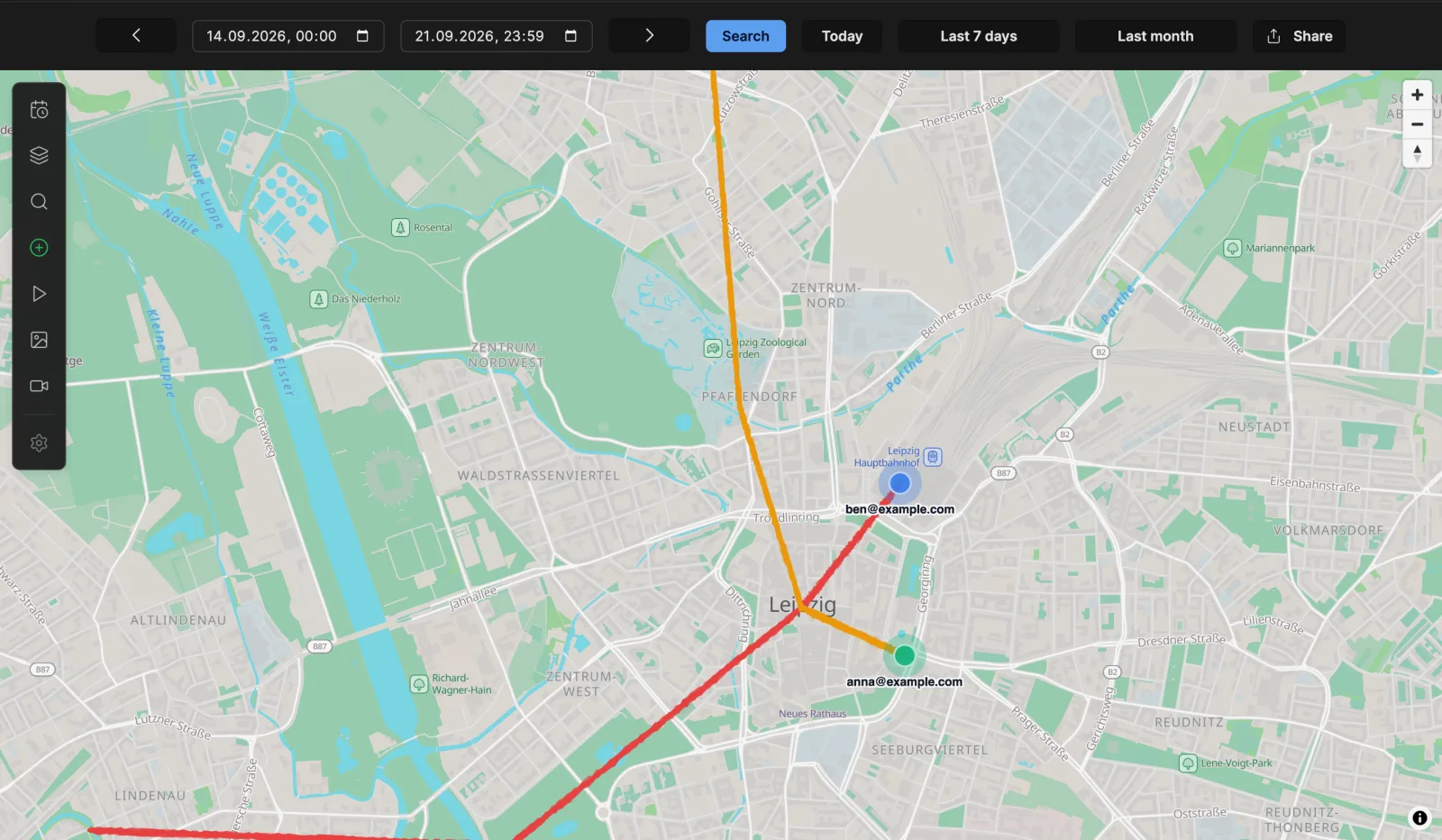 Map v2 with the Family Members layer: two members' positions and their tracks over the last 7 days