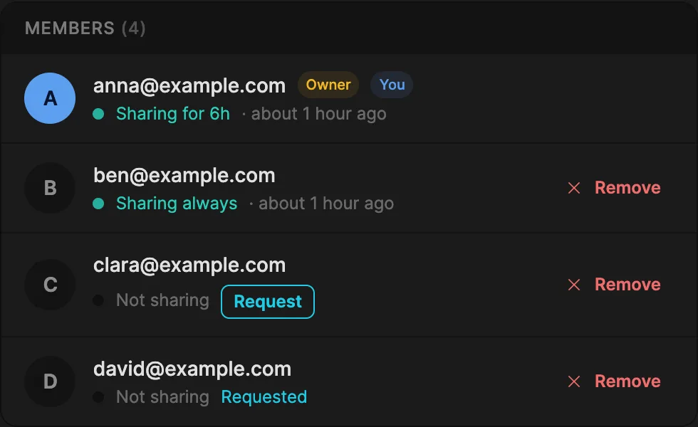 The member list: sharing status and when each member was last seen, Request and Requested, and the owner's Remove buttons
