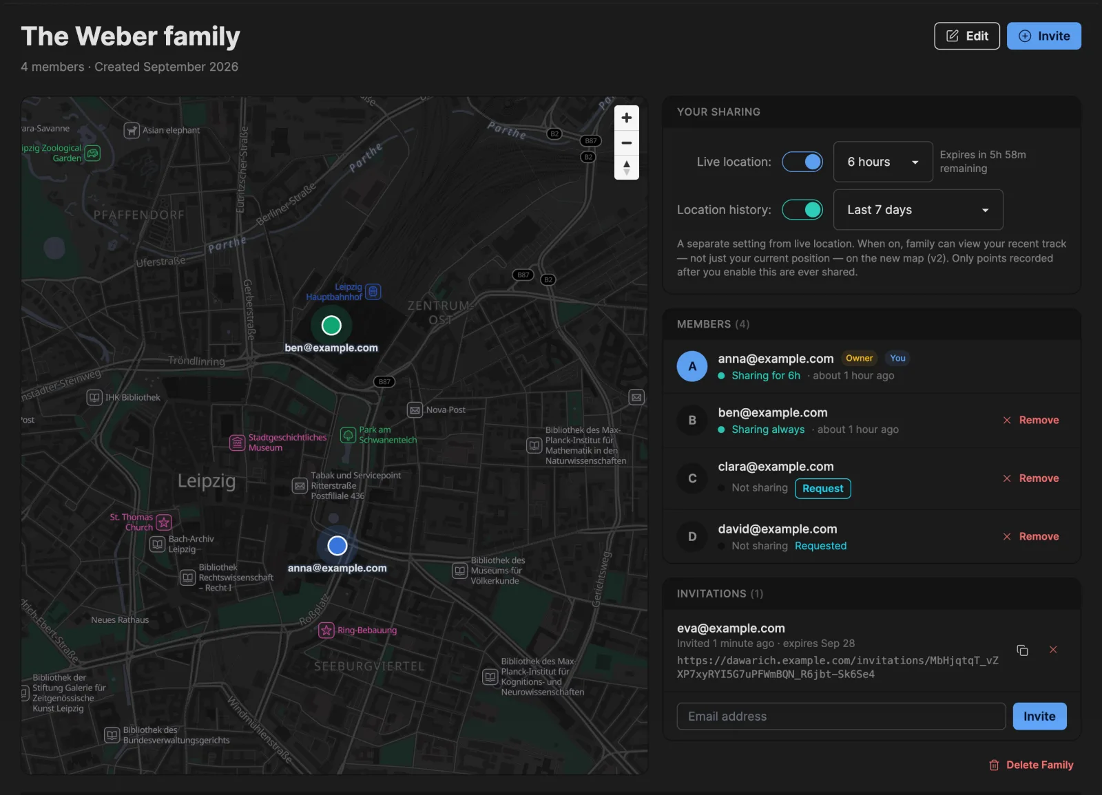 The Family page: a map with members who are sharing, your sharing settings, the member list and pending invitations