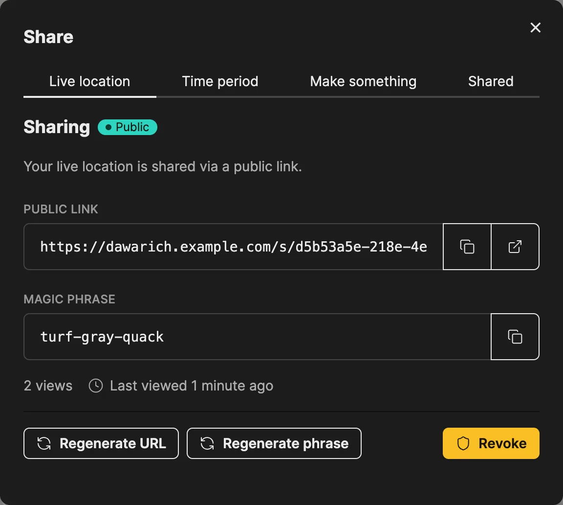 An active live location link: the public address, its magic phrase, two views, and the Regenerate URL, Regenerate phrase and Revoke buttons