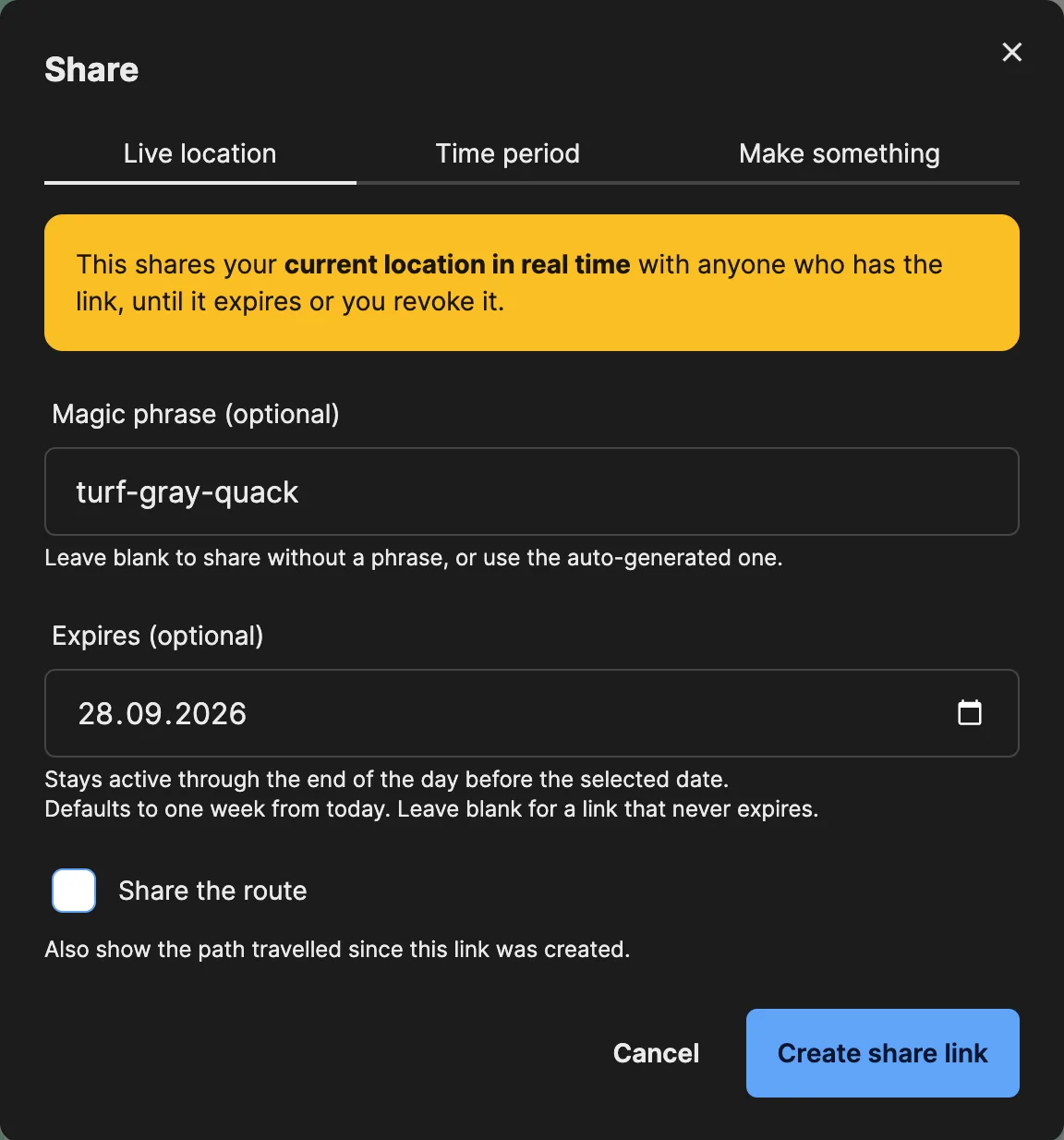 Creating a live location link: a generated magic phrase, an expiry date one week out and the Share the route option