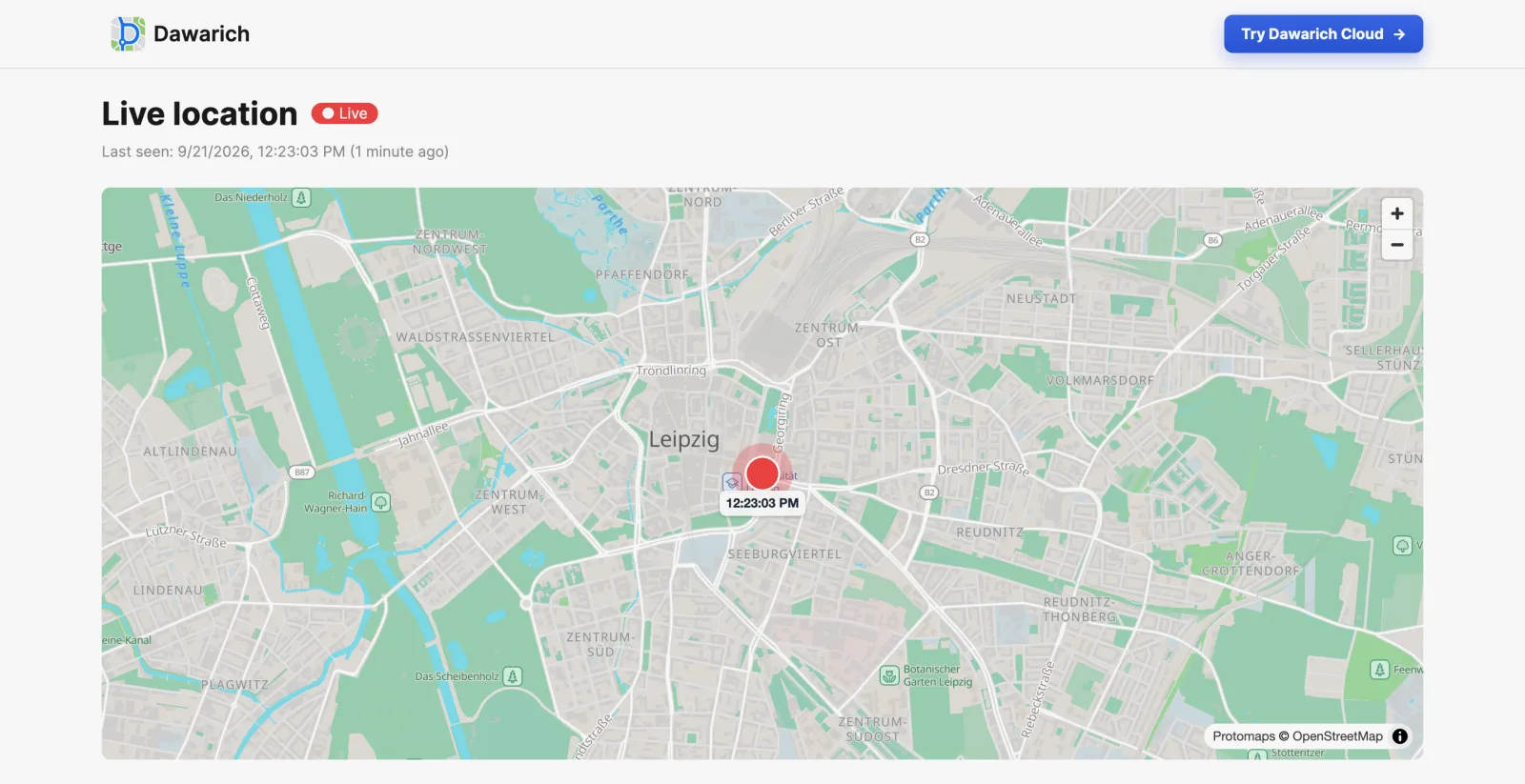 A public live location page: the last seen time and a single marker on the map