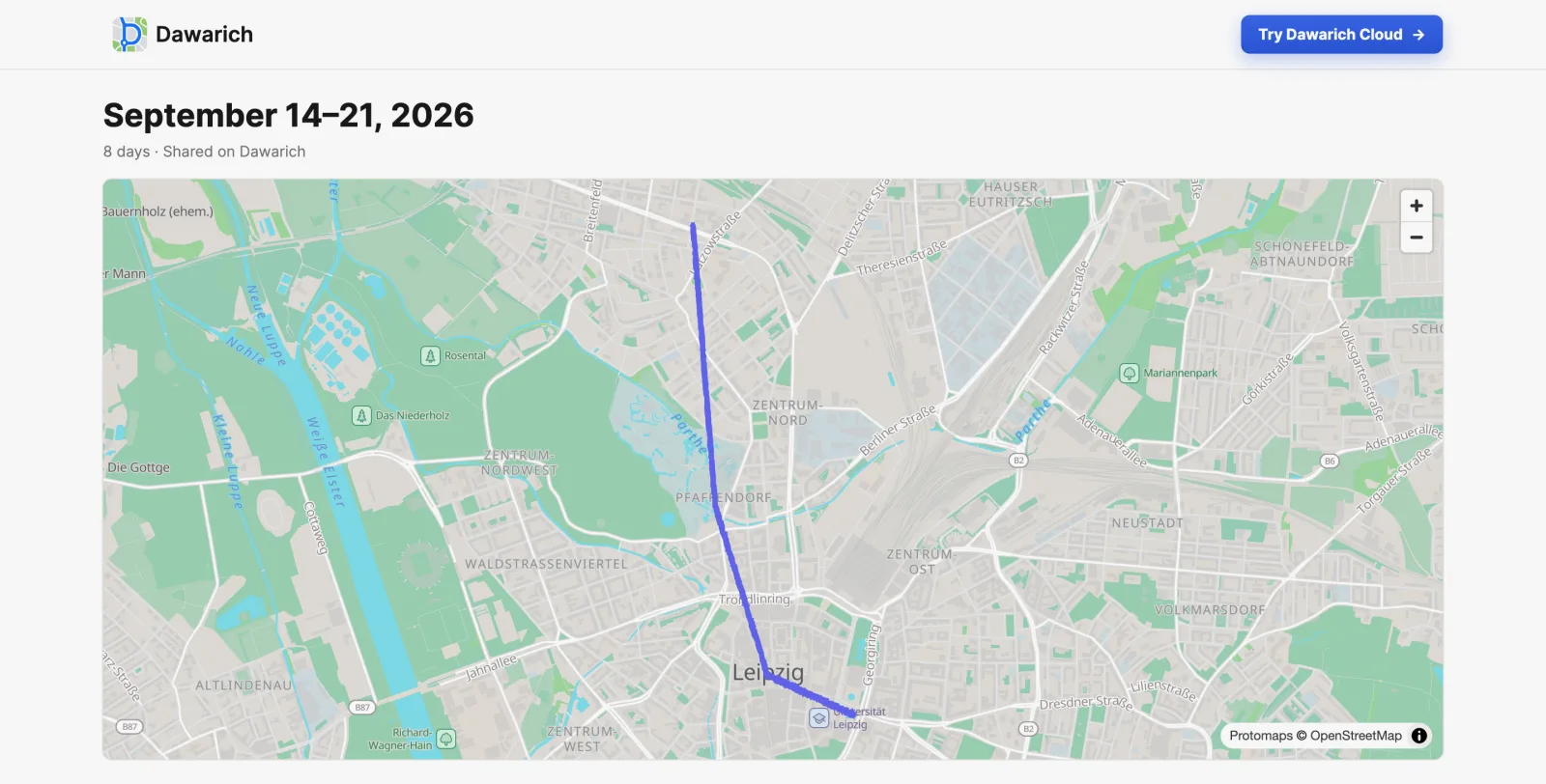 A public time period page: the date range and the route on the map