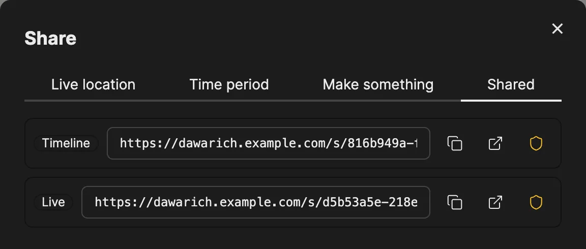 The Shared tab: an active time period link and an active live location link