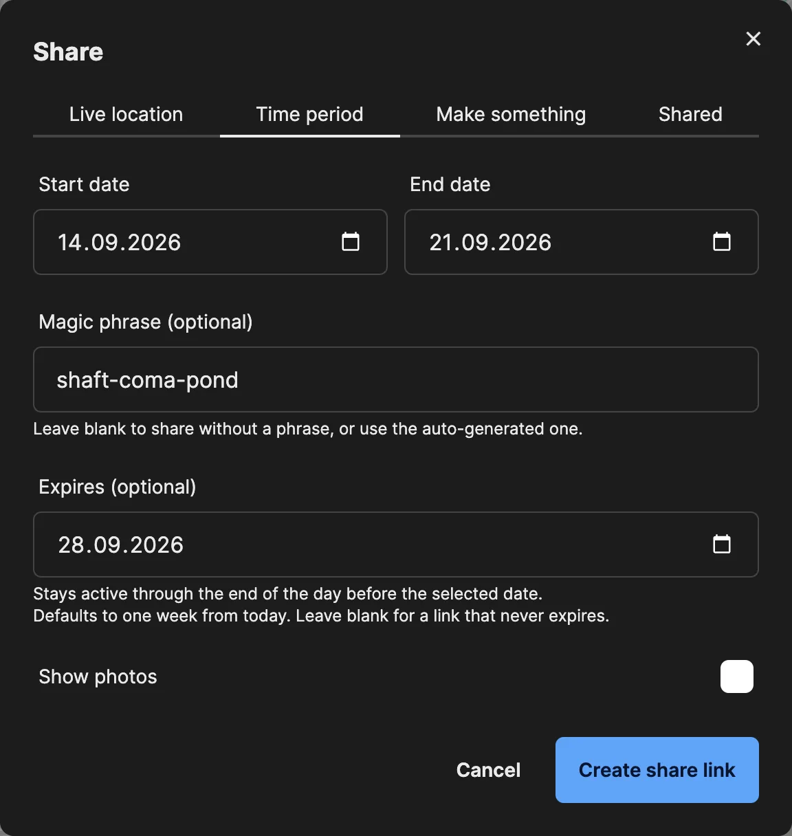 Creating a time period link: start and end date, magic phrase, expiry and Show photos