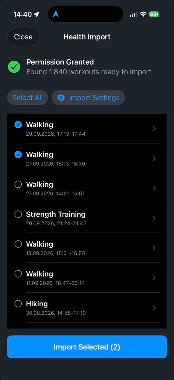 Apple Health workout route import in Dawarich on iPhone