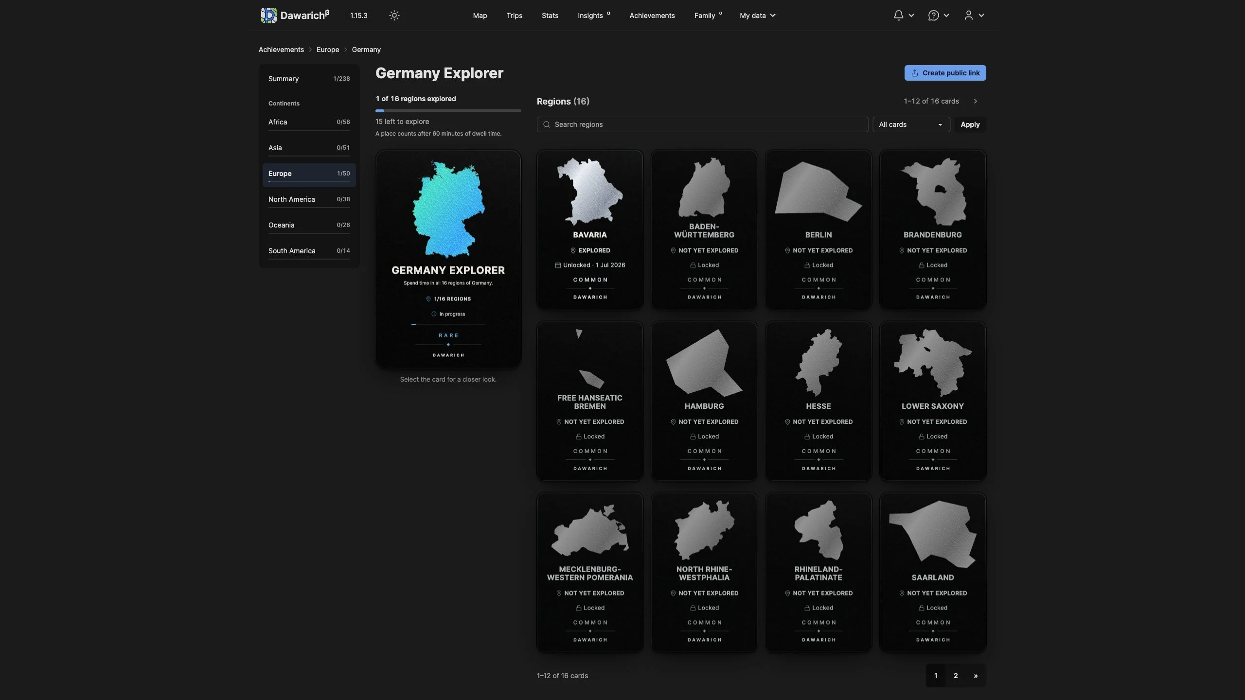 Dawarich exploration achievements with collectible country cards and regional progress