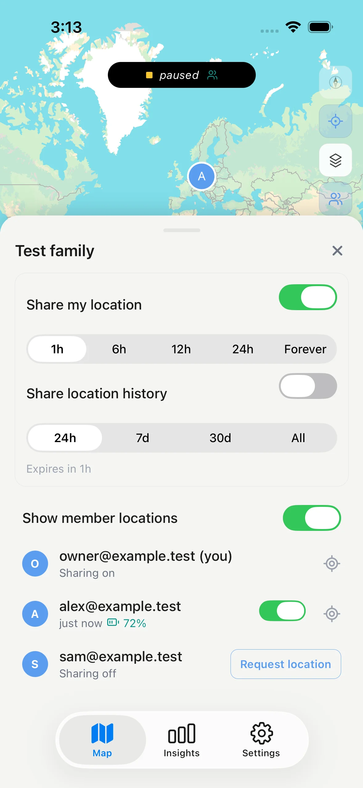 Dawarich Family location sharing settings on iPhone