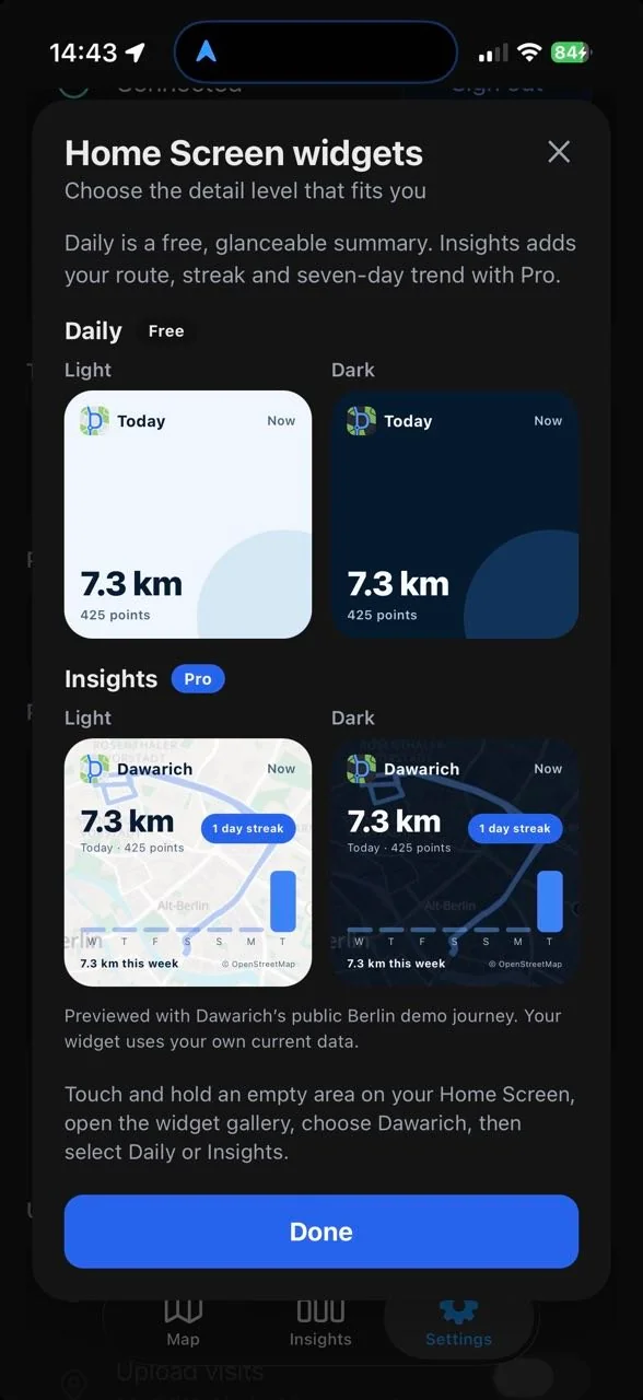 Daily and Insights Dawarich widgets on iPhone