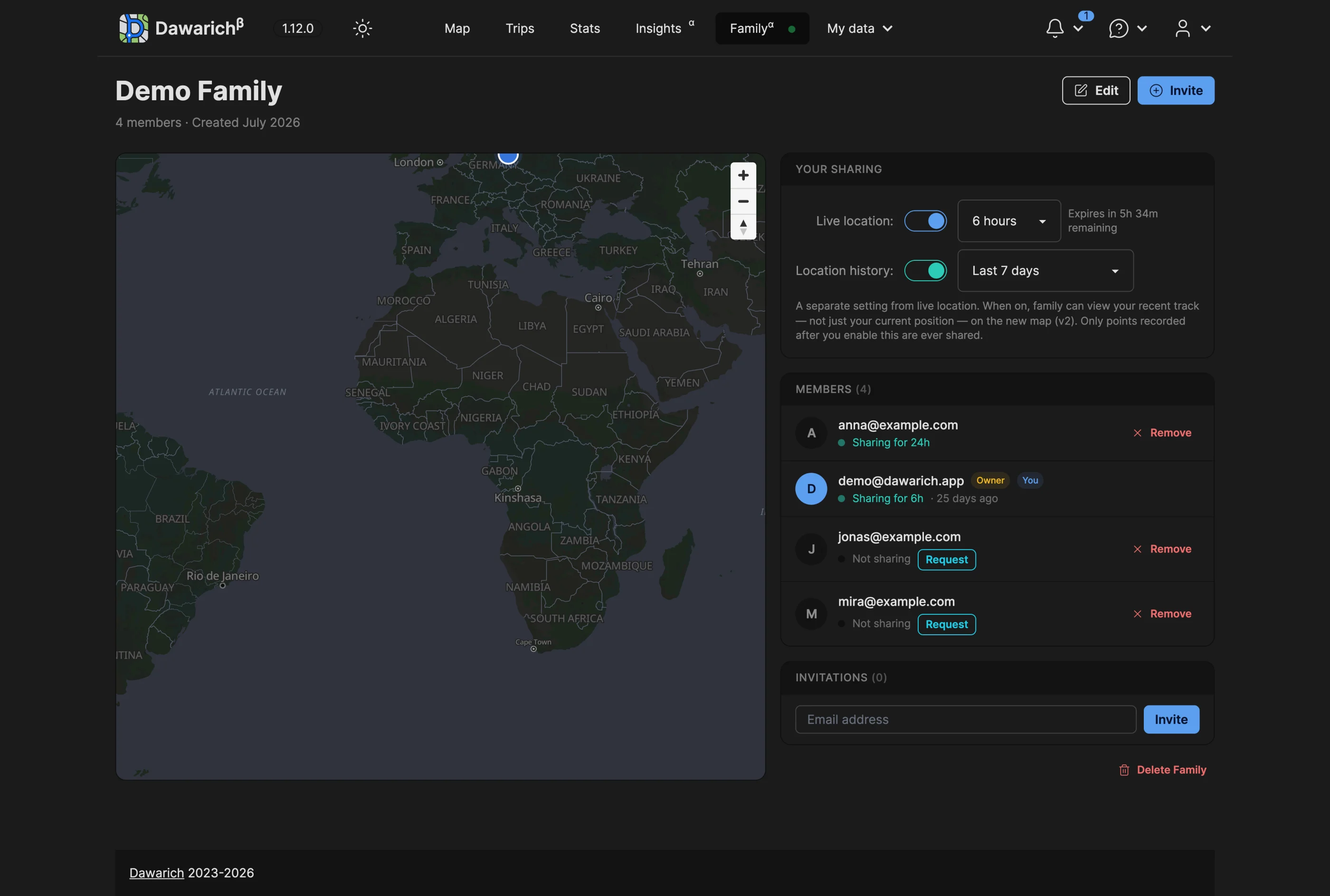 The Dawarich family page: a shared map beside the sharing controls, member list and invitations