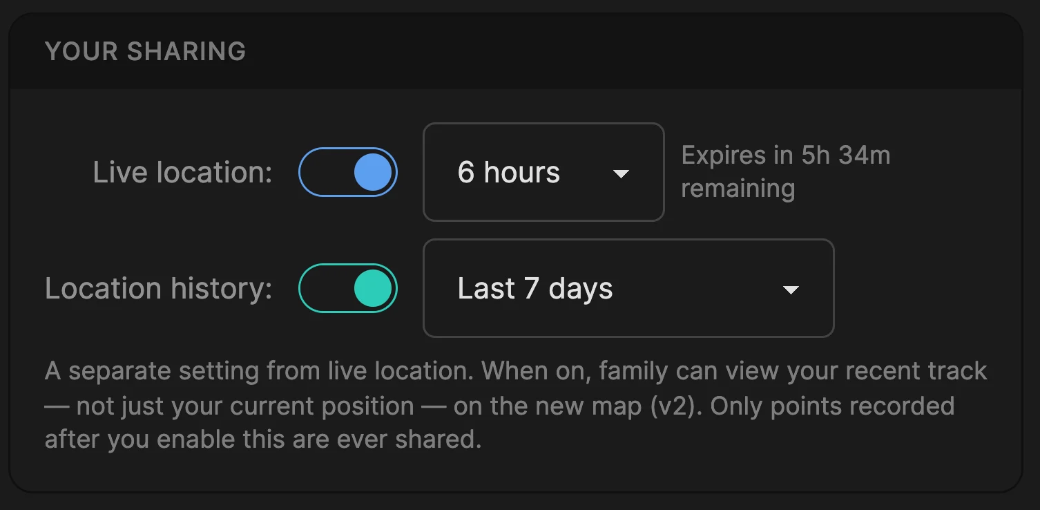 Family sharing controls: live location on for six hours with the time remaining, and location history as a separate toggle set to the last 7 days