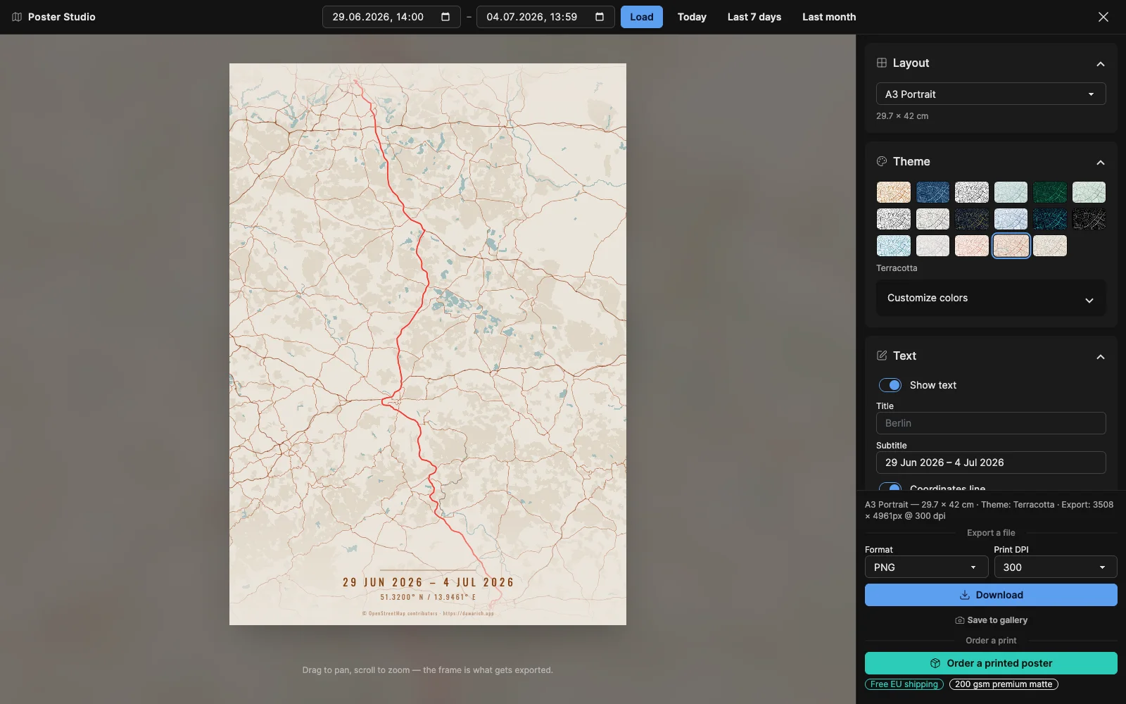 Poster Studio composing a route, with layout, theme and text controls