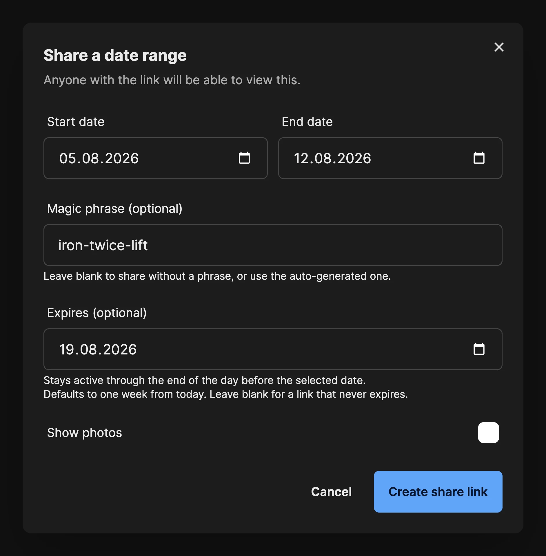Creating a share link: a start and end date, an optional magic phrase, an expiry defaulting to one week, and a Show photos toggle switched off