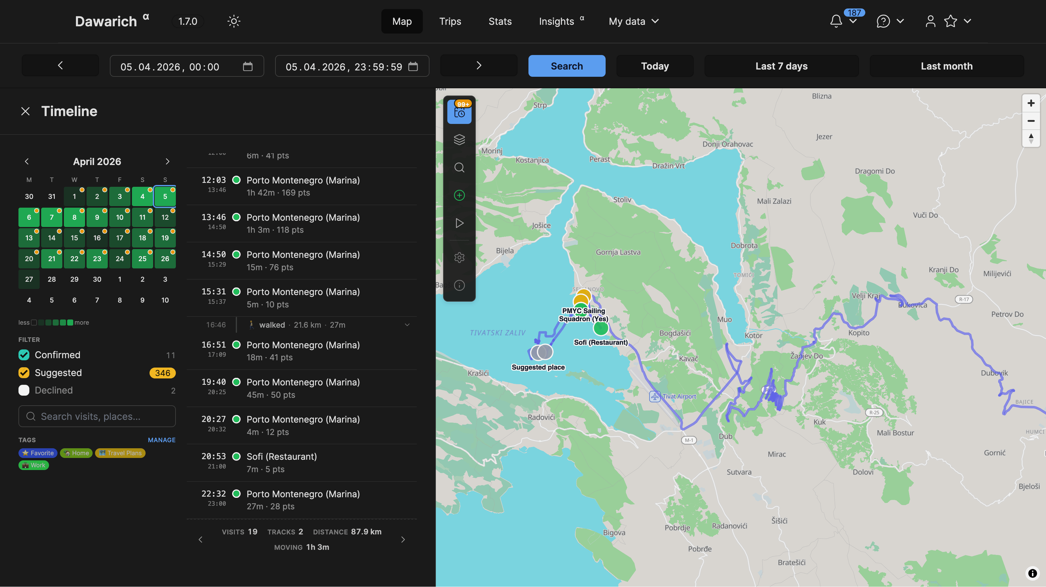 Dawarich timeline view showing a decade of location history